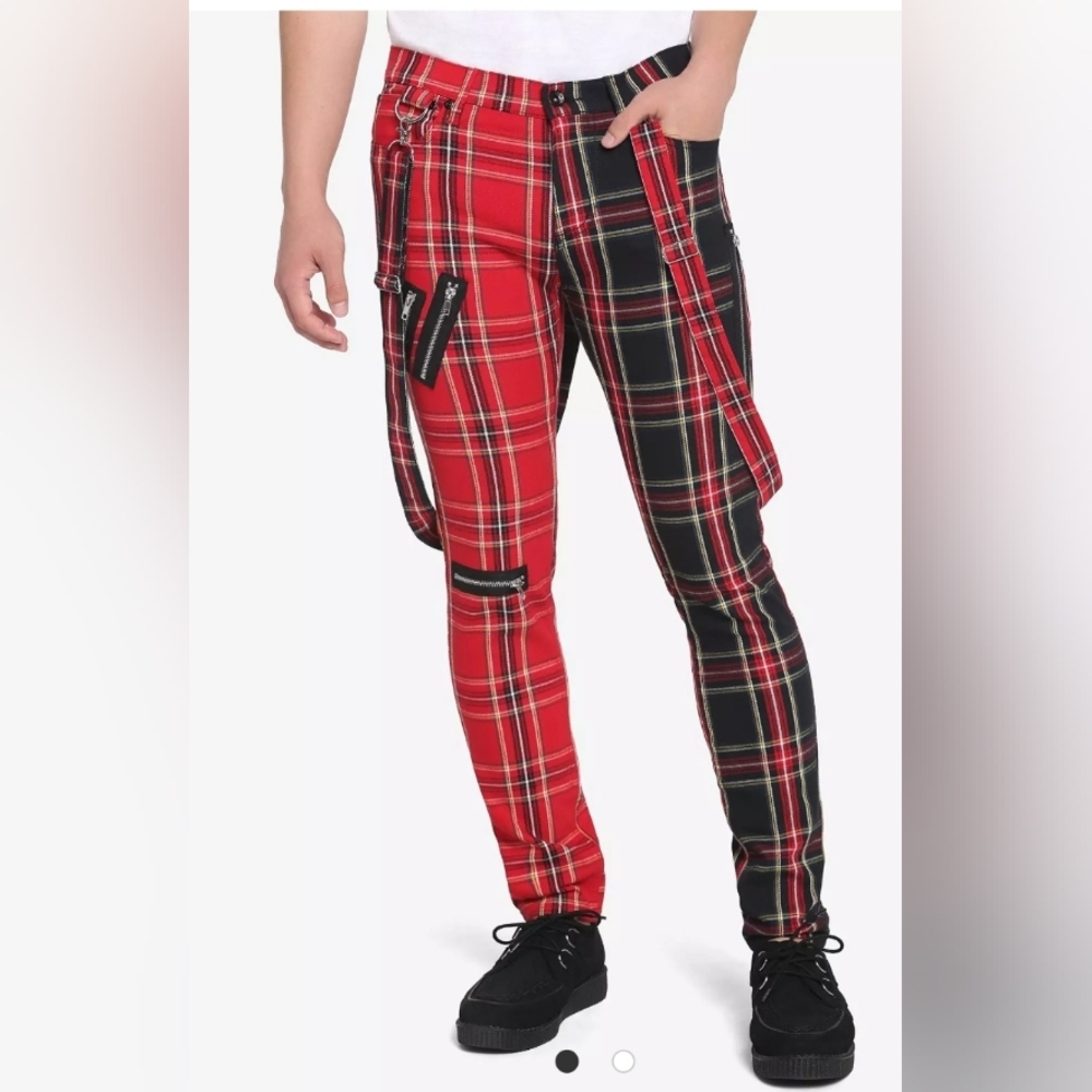 HT Denim Red & Black Double Plaid Suspender Stinger Jeans